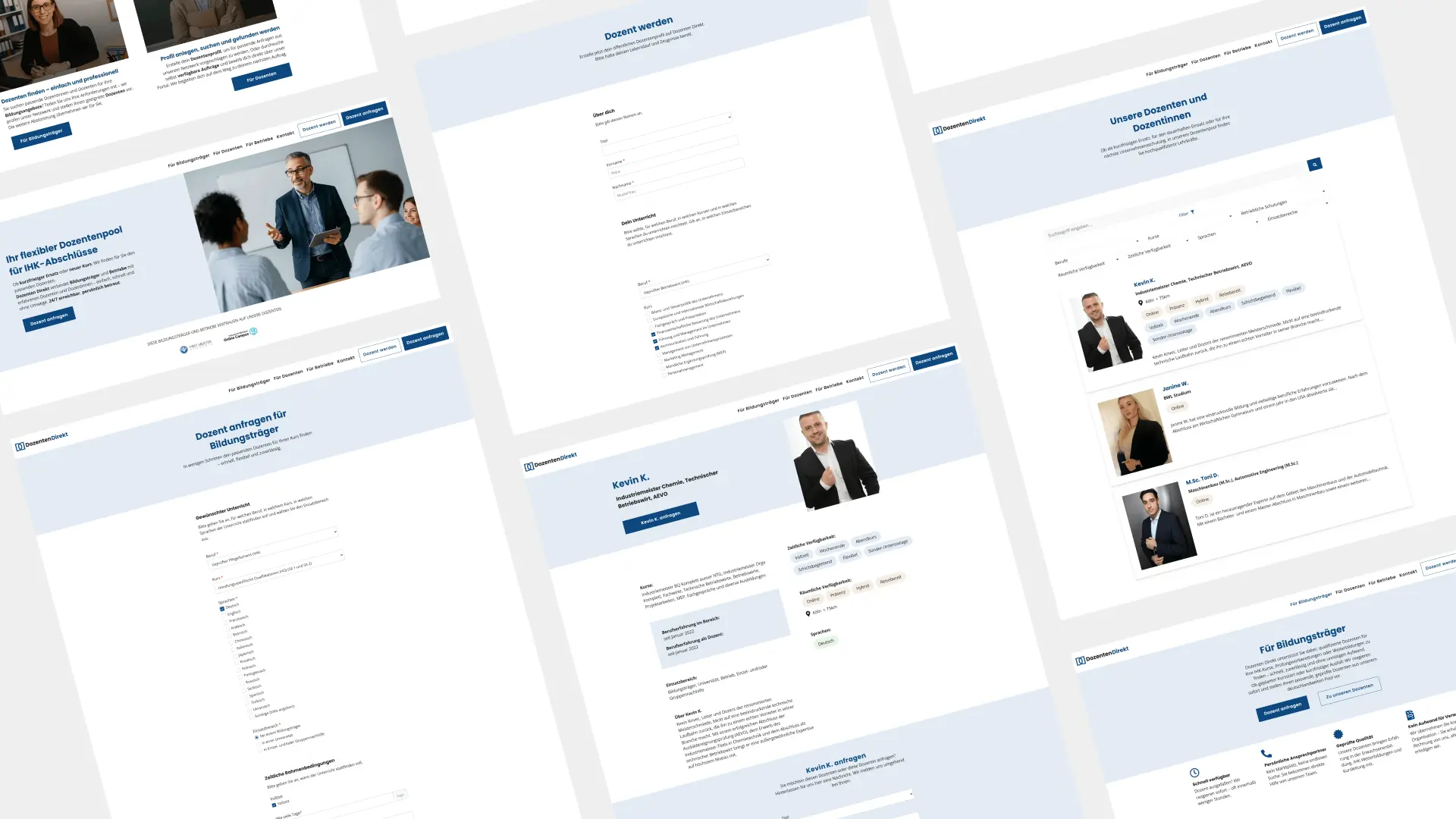 Screenshots der digitalen Plattform für Dozentensuche und effiziente Auftragsabwicklung